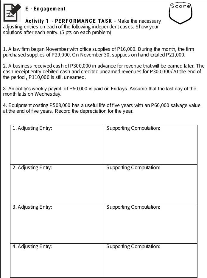 Solved E - Engagement Score Activity 1 - PERFORMANCE TASK - 