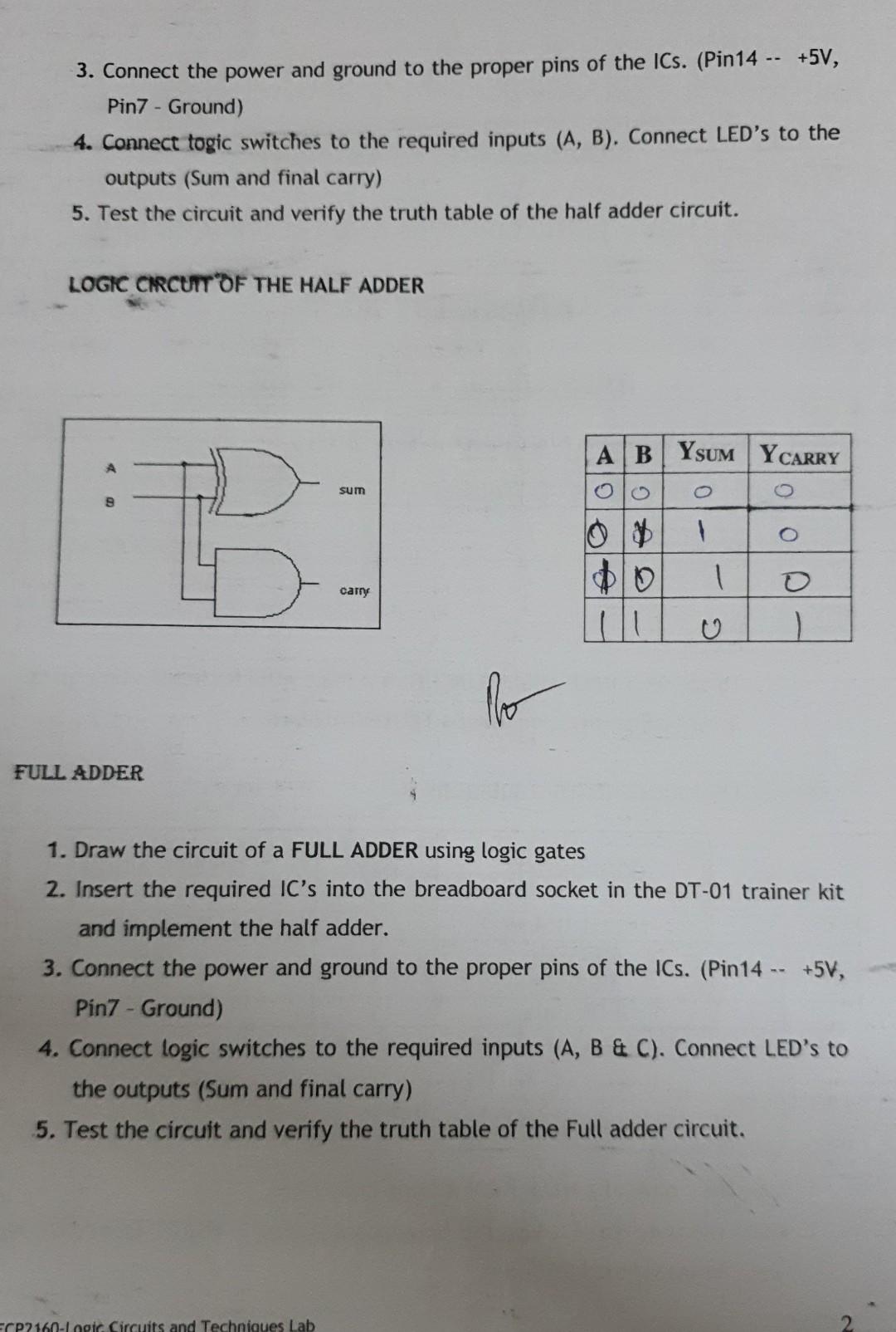 Solved OBJECTIVE: 1. To set up a HALF ADDER CIRCUIT & A FULL | Chegg.com