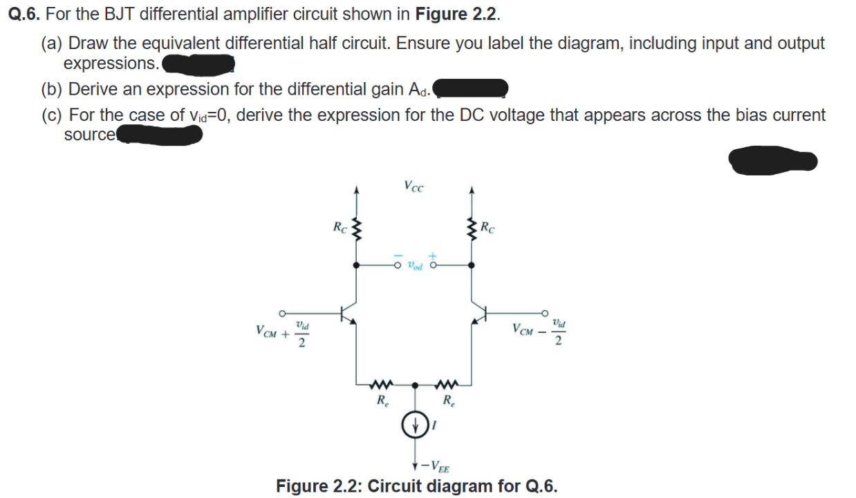 Solved Q.6. ﻿For the BJT differential amplifier circuit | Chegg.com