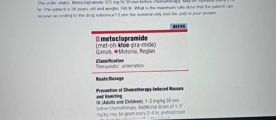 Solved The order states Metoclopramide 125mg ﻿IV 30min | Chegg.com