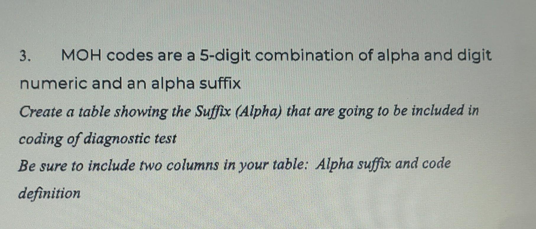 Solved 3. MOH codes are a 5-digit combination of alpha and | Chegg.com