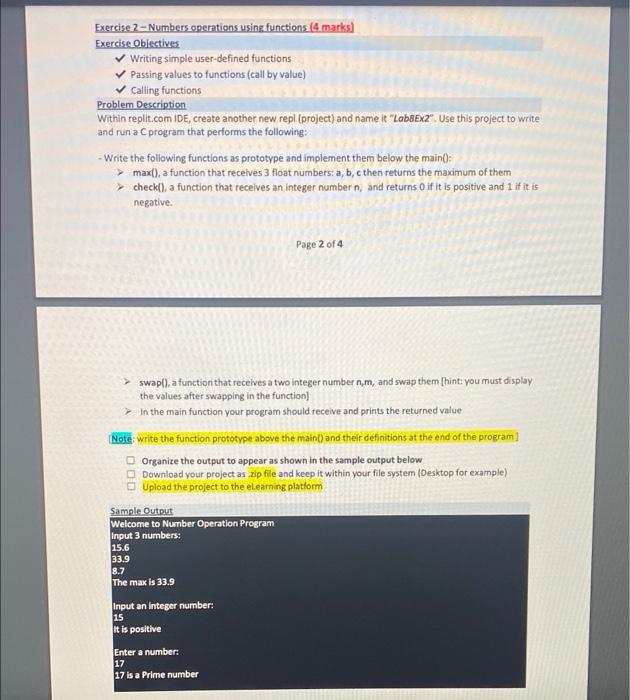 Solved Exercise 2 - Numbers operations using functions (4 | Chegg.com