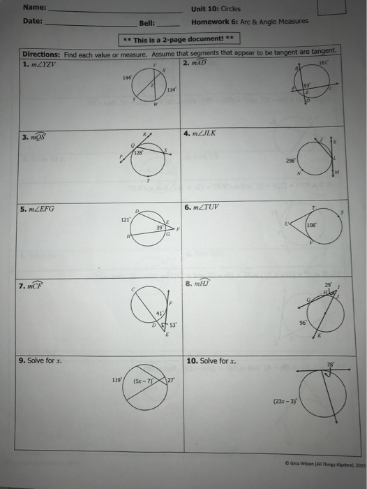 Solved Name Unit 10 Circles Date Bell Homework 6 Arc Chegg Com