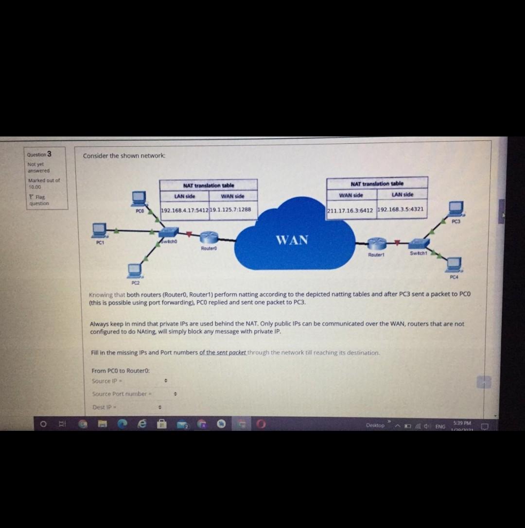 Solved Question 3 Consider the shown network: Not yet | Chegg.com