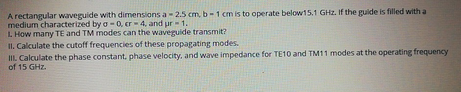 Solved A rectangular waveguide with dimensions a = 2.5 cm, b | Chegg.com
