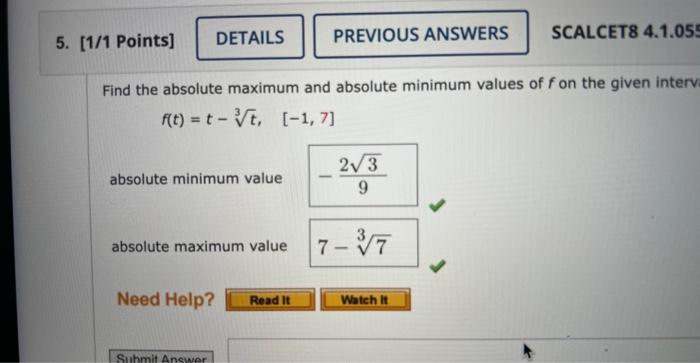 Solved Find the absolute maximum and absolute minimum values | Chegg.com