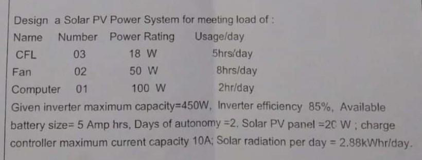Solved Design a Solar PV Power System for meeting load of: | Chegg.com