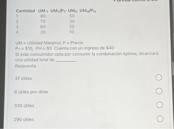 UM = Utilidad Marginal,\( P= \) Precio \( \mathrm{P}_{\mathrm{T}}=\$ 10, \mathrm{PH}=\$ 5 \) Cuenta con un ingreso de \( \$ 4