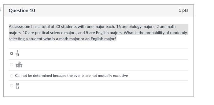 Solved Question 10 1 pts A classroom has a total of 33 | Chegg.com