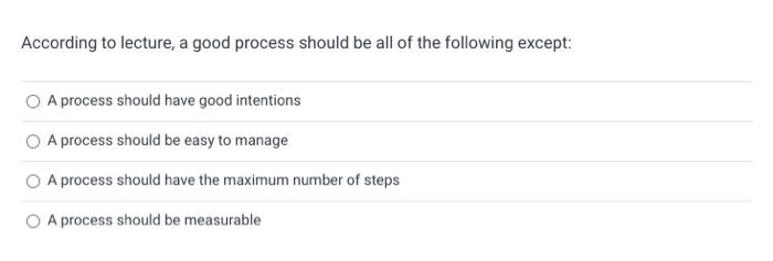 Solved According to lecture, a good process should be all of | Chegg.com