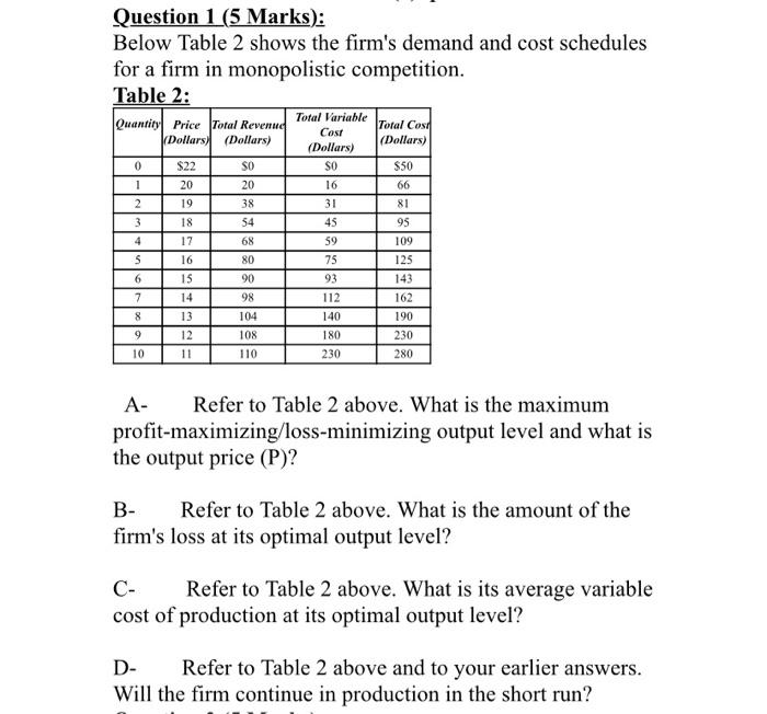 Solved Question 1 (5 Marks): Below Table 2 shows the firm's | Chegg.com