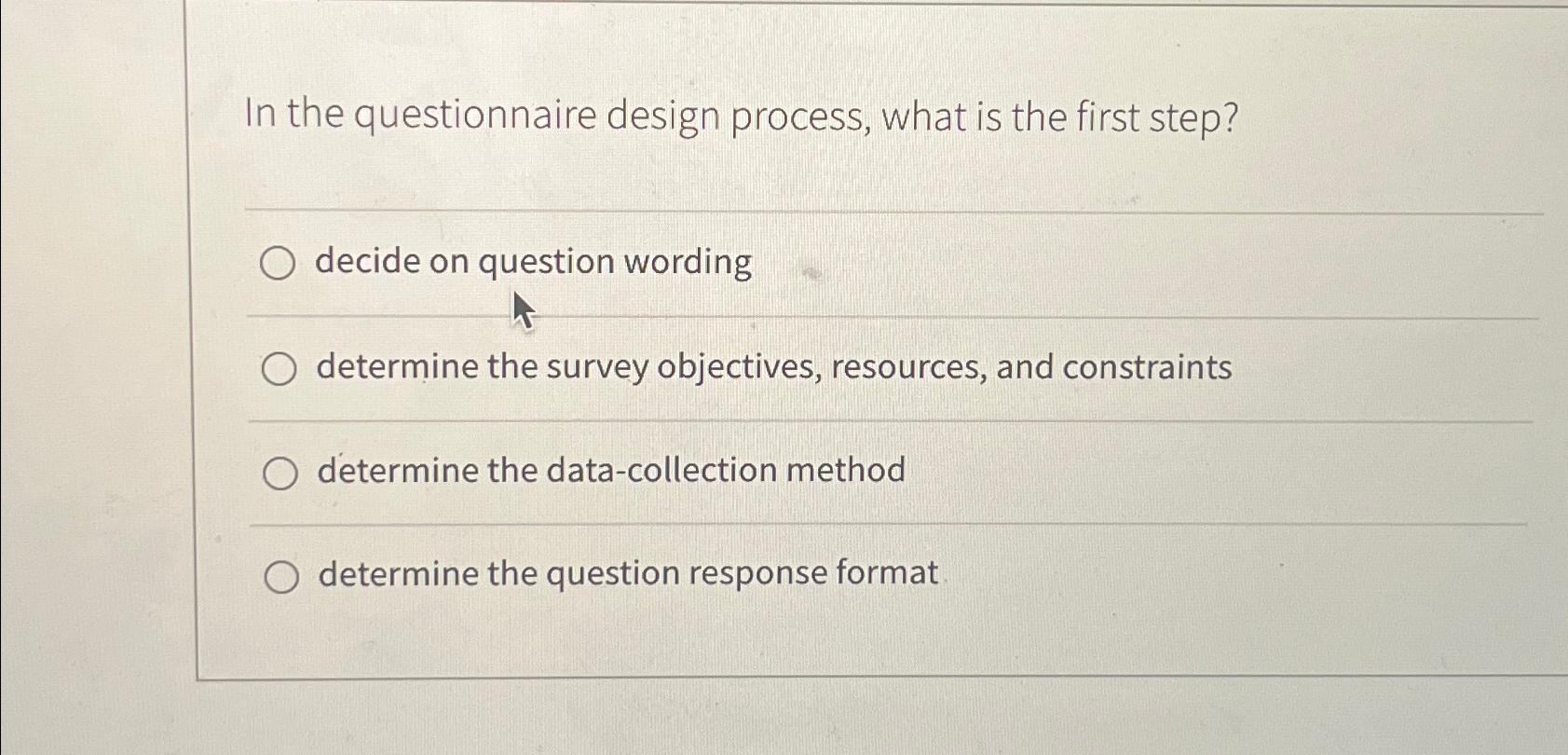 Solved In the questionnaire design process, what is the | Chegg.com