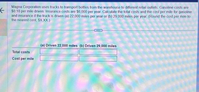 Magna Corporation uses trucks to transport bottles from the warehouse to different retail outlets. Gasoline costs are \( \$ 0