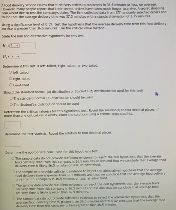Solved A food delivery service claims that it delivers | Chegg.com