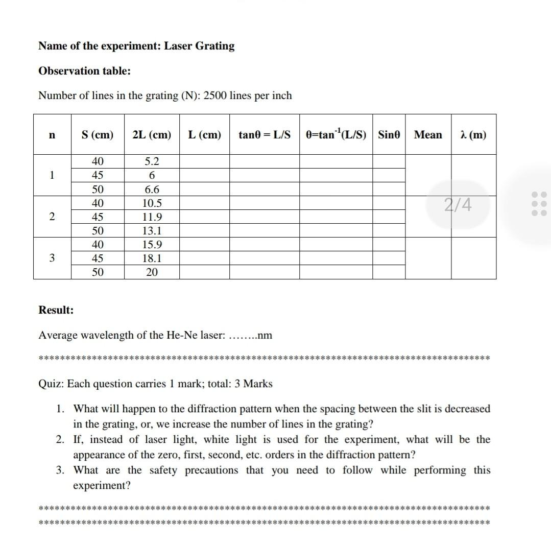Solved Name of the experiment: Laser Grating Observation | Chegg.com