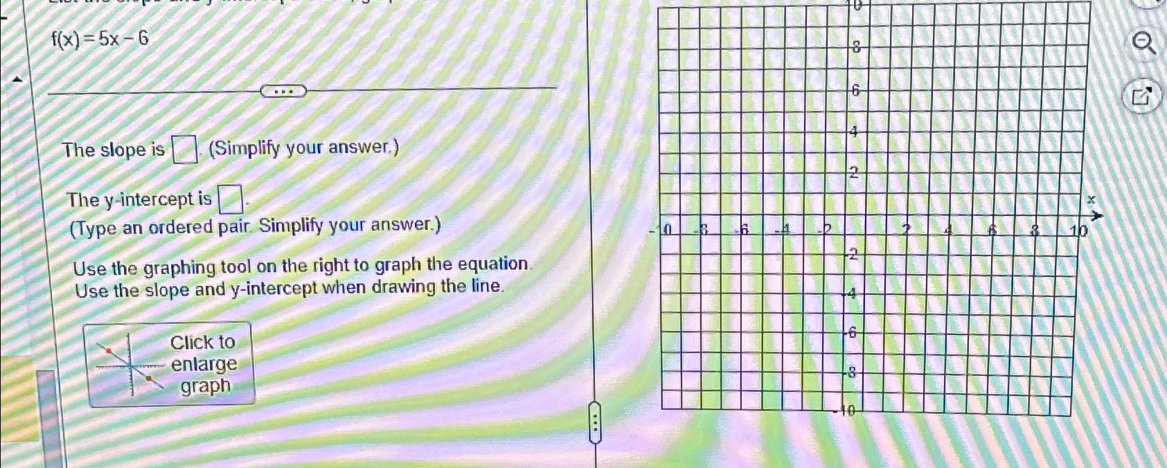 Solved f(x)=5x-6The slope is (Simplify your answer.)The | Chegg.com