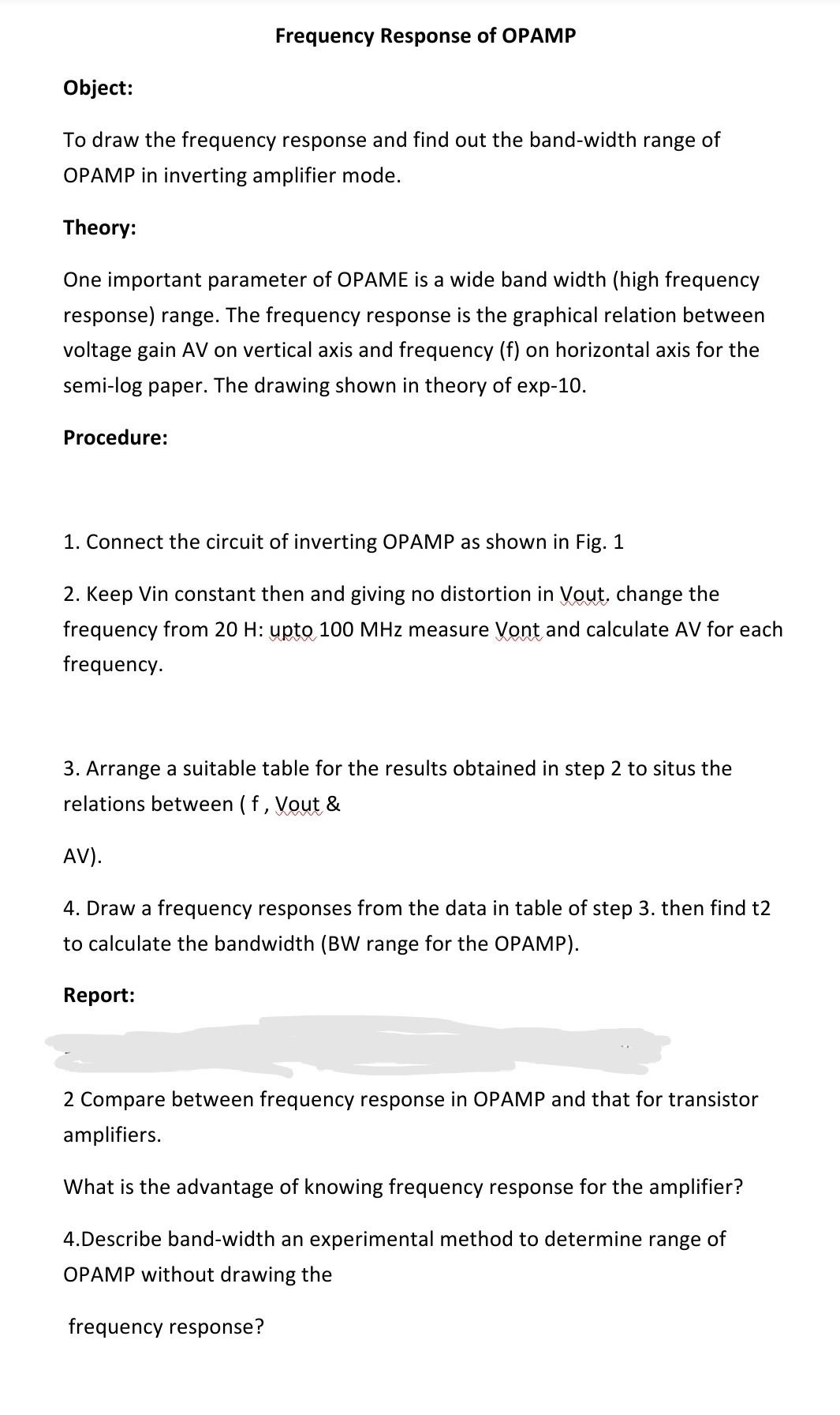 Solved Frequency Response of OPAMP Object: To draw the | Chegg.com