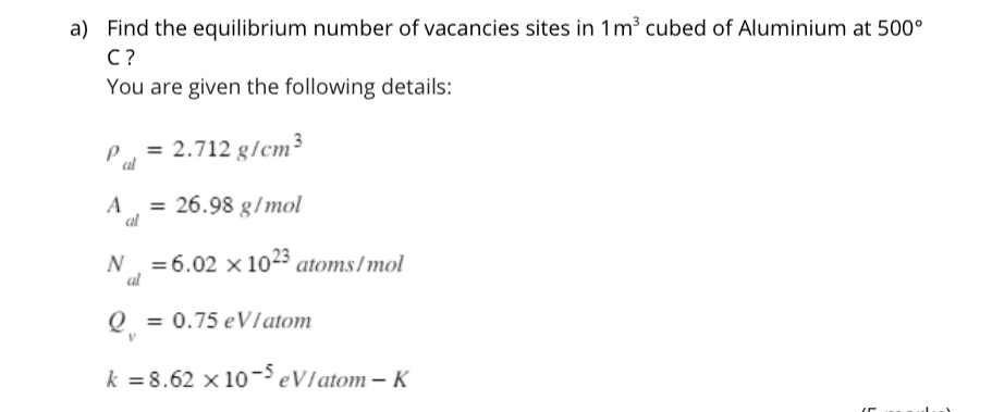 Solved a) ﻿Find the equilibrium number of vacancies sites in | Chegg.com