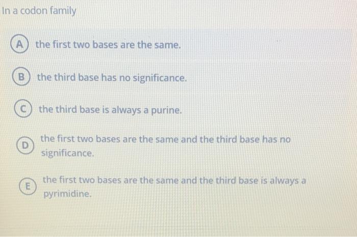 Solved In a codon family A) the first two bases are the | Chegg.com
