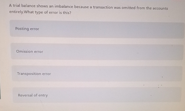 Transpositional Error Solved A trial balance shows an imbalance because a | Chegg.com