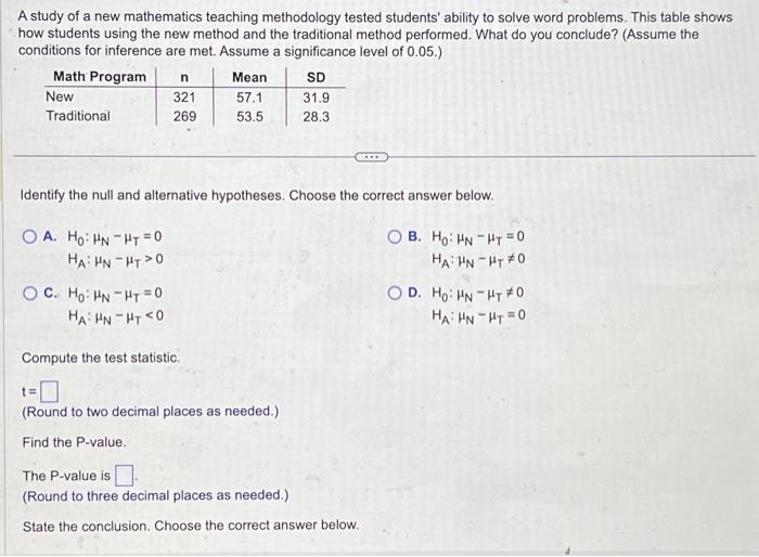 Solved A study of a new mathematics teaching methodology | Chegg.com