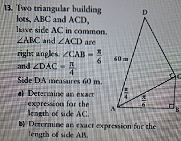 Solved 13. Two triangular building lots ABC and ACD have Chegg