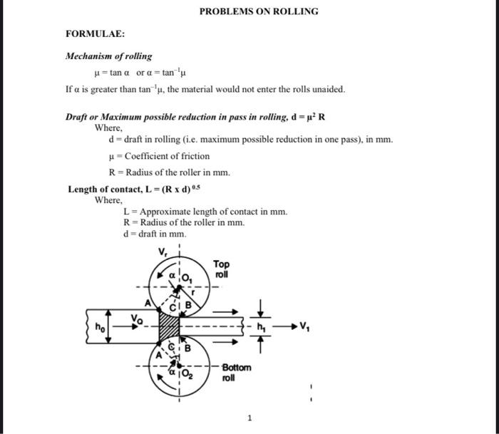 Problems On Rolling Formulae Mechanism Of Rolling Chegg 