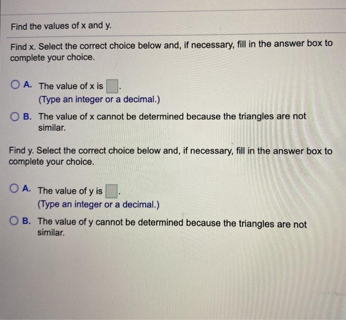 Solved Find the values of x and y. Find x. Select the | Chegg.com