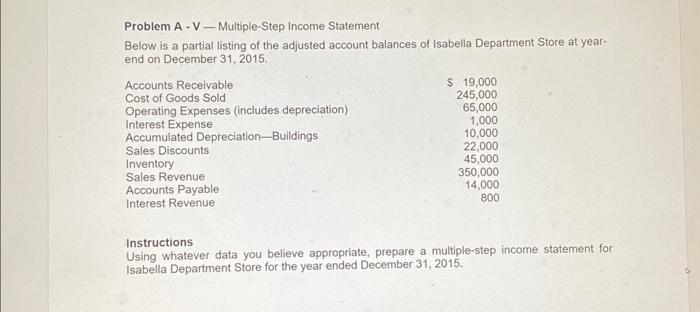 Problem A - V - Multiple-Step Income Statement Below | Chegg.com
