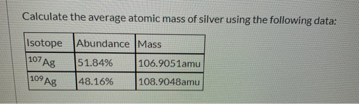 calculate the average atomic mass of silver using the following data