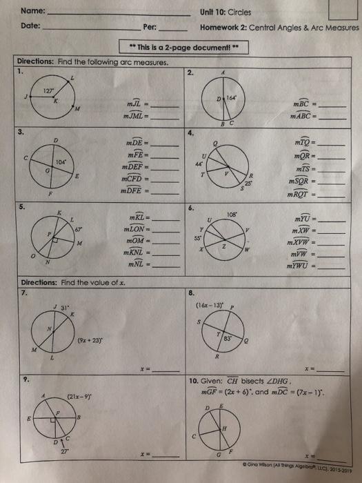 unit 10 circles homework 2 central angles & arc measures