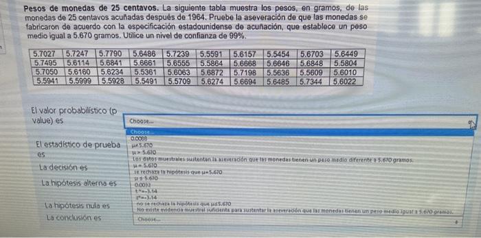 Pesos de monedas de 25 centavos. La siguiente tabla muestra los pesos, en gramos, de las monedas de 25 centavos acuñadas desp