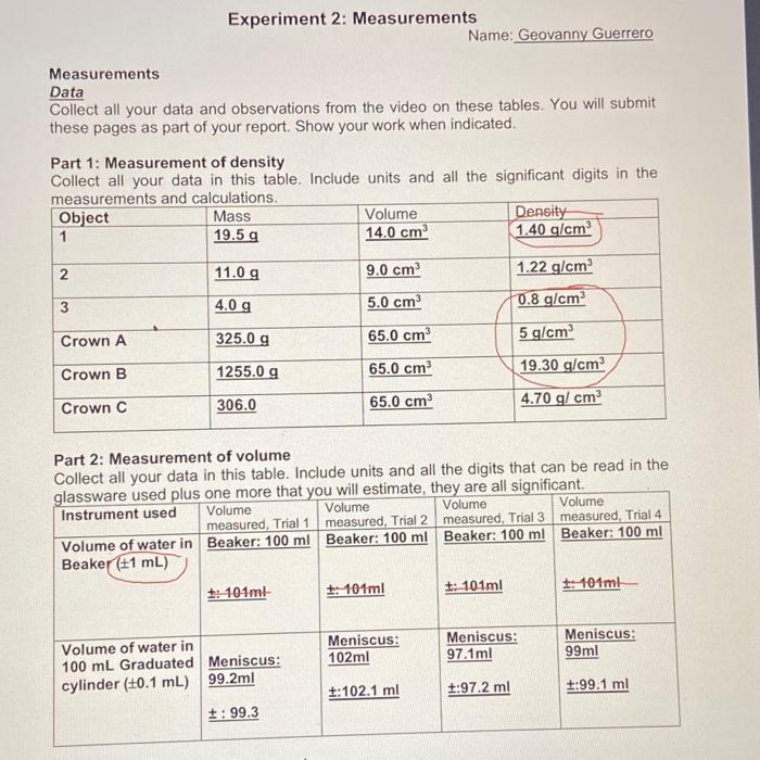 Solved Experiment 2: Measurements Name: Geovanny Guerrero | Chegg.com