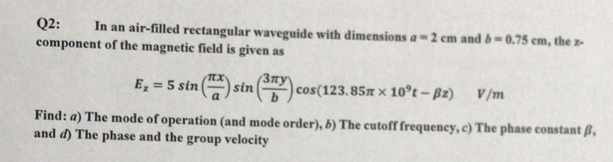 Solved Q2: In an air-filled rectangular waveguide with | Chegg.com