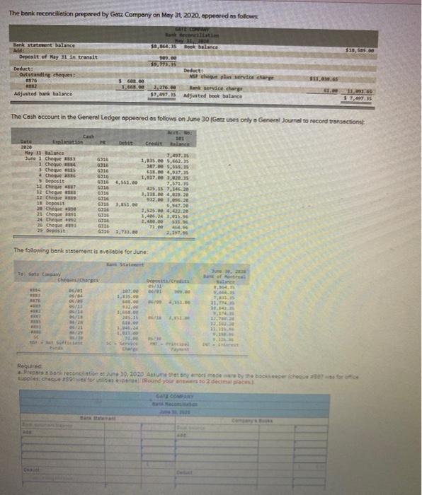 Solved The bank reconciliation prepared by Gatz Company on | Chegg.com