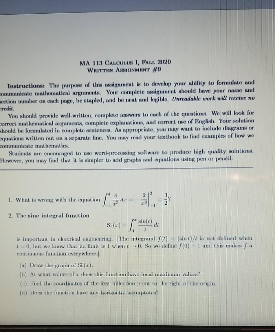 Solved Ma 113 Calculus I Fall Written Assignmint 9 Chegg Com