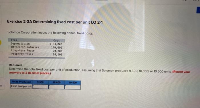 Solved Exercise 2-3A Determining fixed cost per unit LO 2-1 | Chegg.com