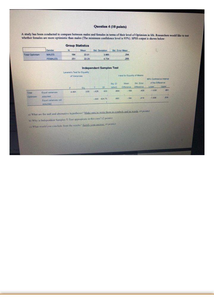 Solved Question 4 (10 points) A study has been conducted to | Chegg.com