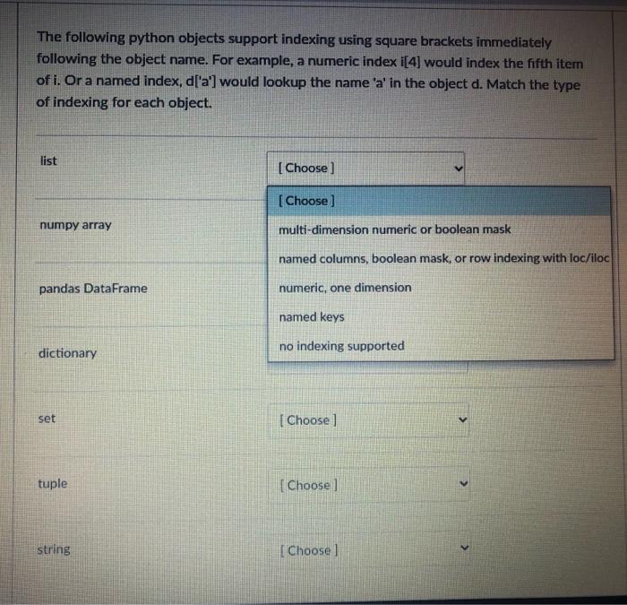 Solved The following python objects support indexing using | Chegg.com
