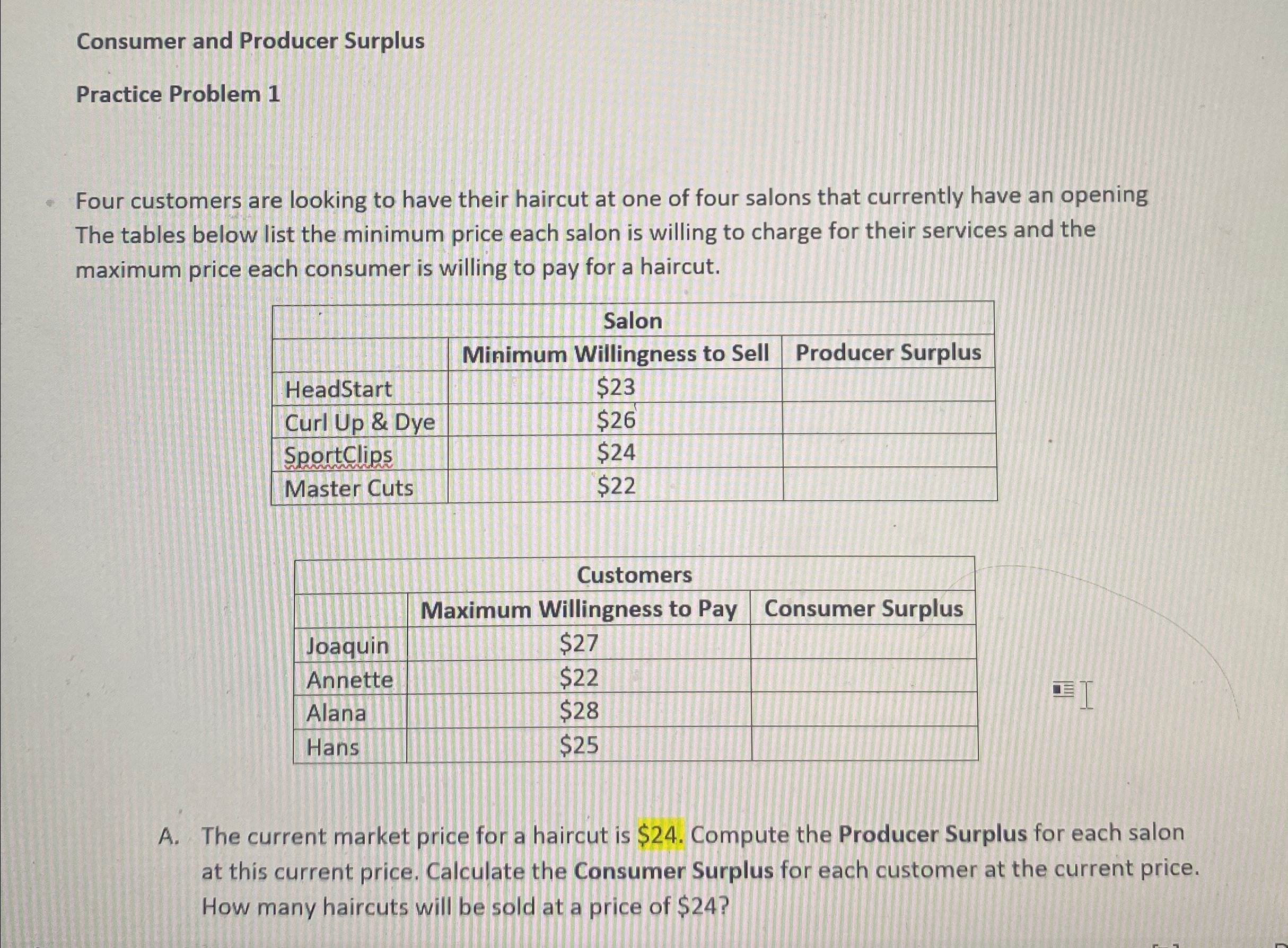Solved Consumer and Producer SurplusPractice Problem 1Four | Chegg.com