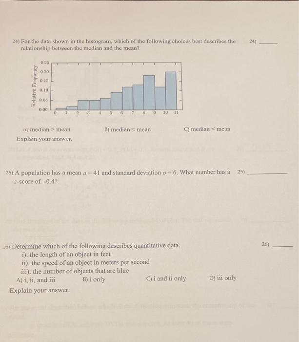 Solved 24) 24) For the data shown in the histogram, which of | Chegg.com