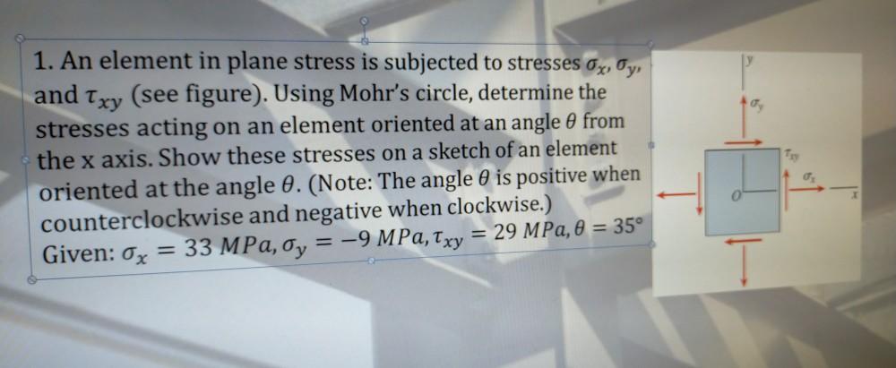 Solved 1 An Element In Plane Stress Is Subjected To Stre Chegg Com