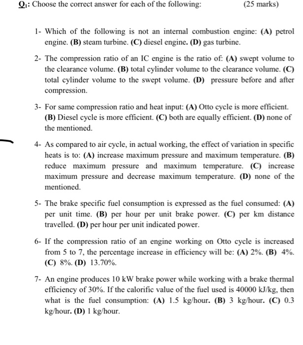 240 Important Internal Combustion Engines MCQ Question and Answer