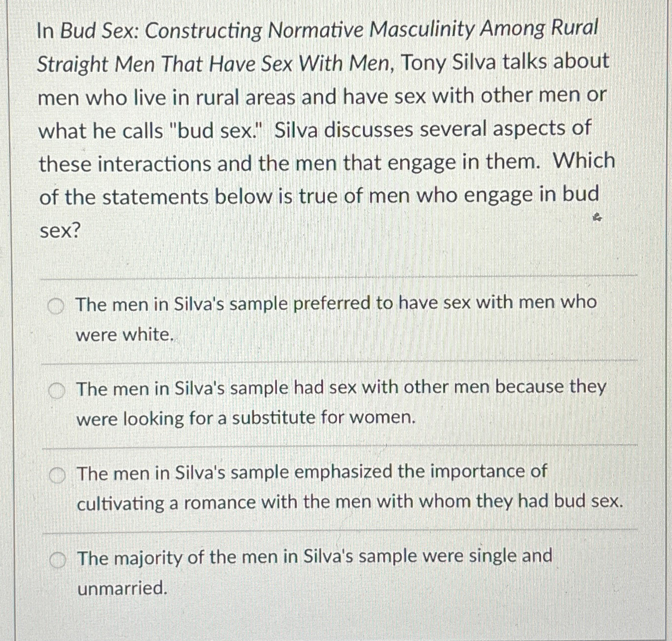 Solved In Bud Sex: Constructing Normative Masculinity Among | Chegg.com