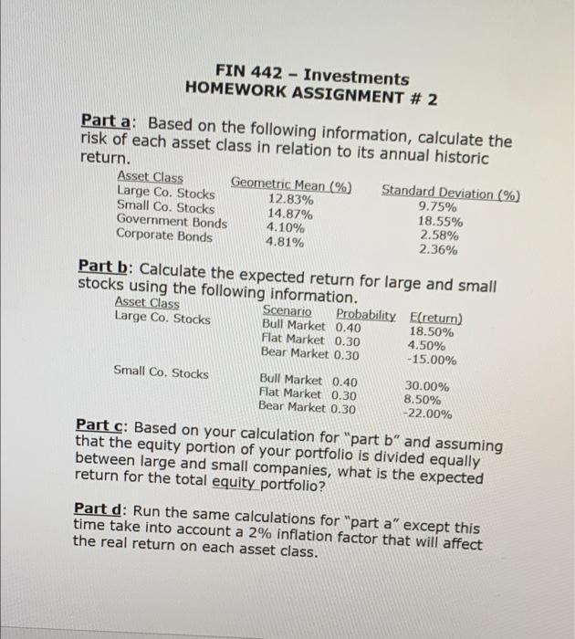  FIN 442 Investments HOMEWORK ASSIGNMENT 2 Part a