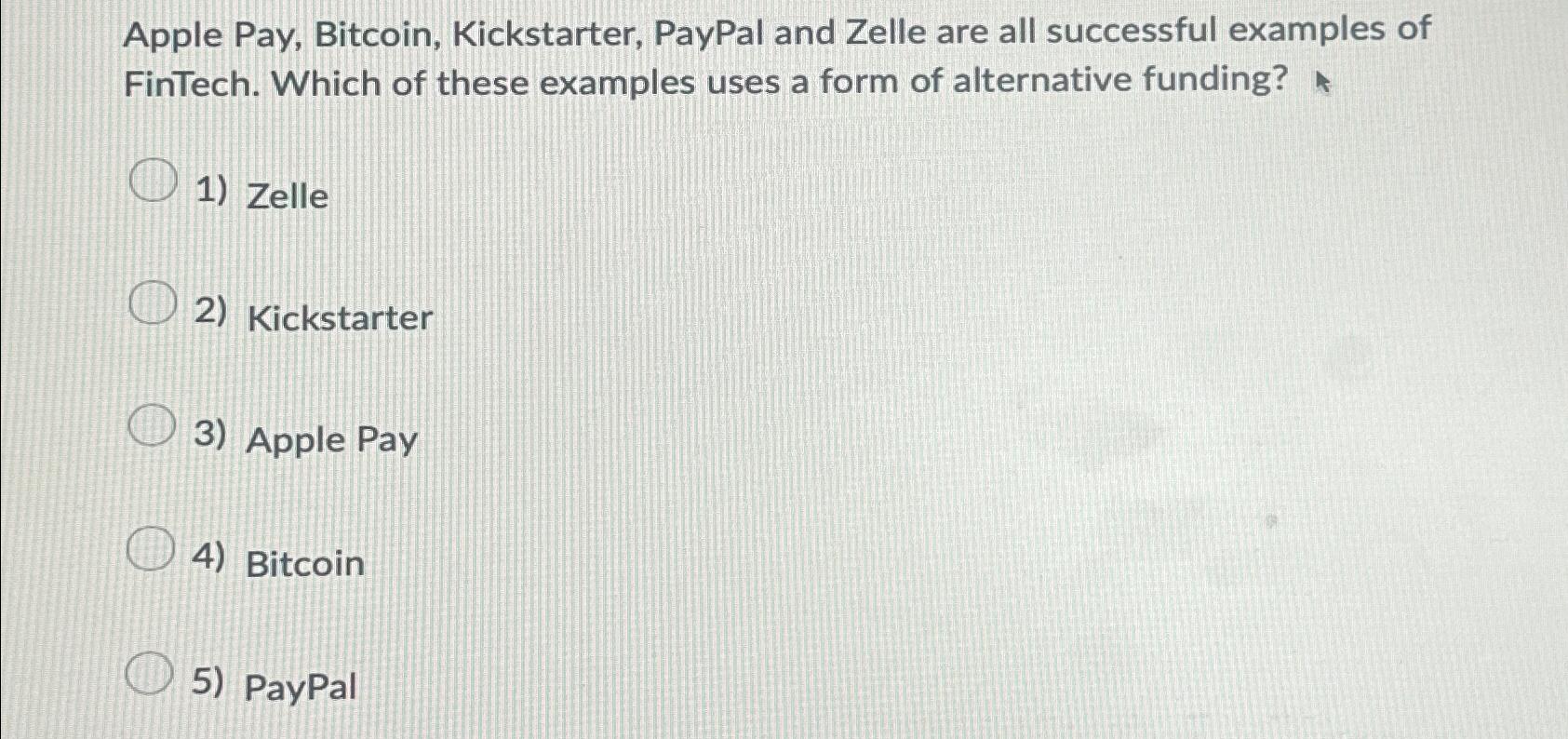 Solved Apple Pay, Bitcoin, Kickstarter, PayPal and Zelle are
