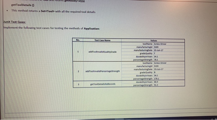 i e ns Ret Ready ToUse getToolDetails 0 This method returns a SetTool with all the required tool details . Junit Test Cases: