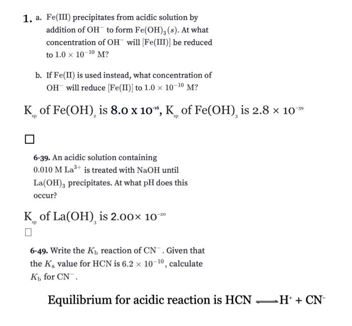 Solved 1. a. Fe(III) precipitates from acidic solution by | Chegg.com