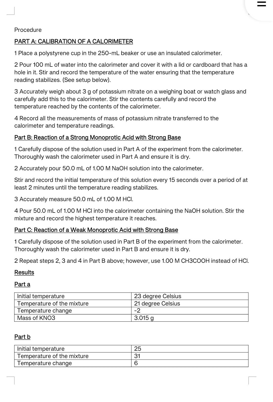 Procedure PART A CALIBRATION OF A CALORIMETER 1