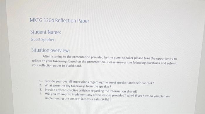 Solved MKTG 1204 Reflection Paper Student Name Guest Chegg